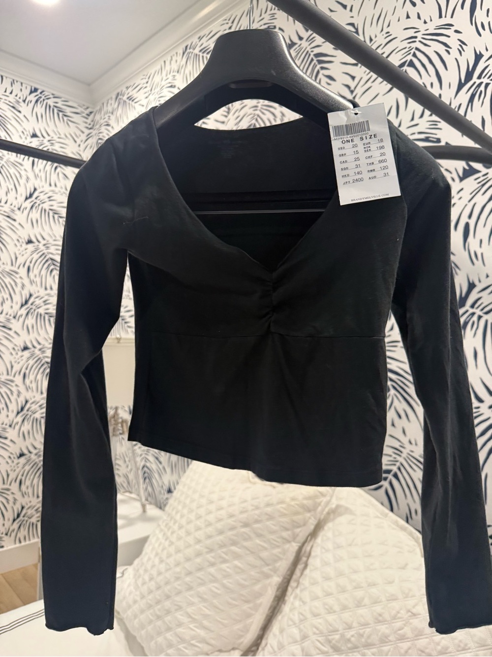 (2) Brandy Melville white and Black Long-Sleeve V-Neck Ruched tees. Never worn